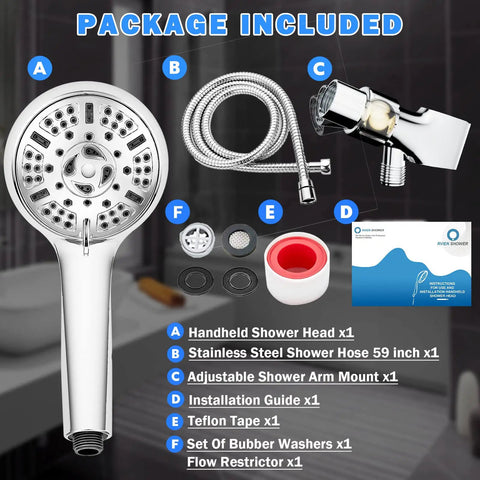 Image showing High-Pressure 9-Function Handheld Showerhead Kit with 59-Inch Hose, adjustable bracket, and rubber washers included.