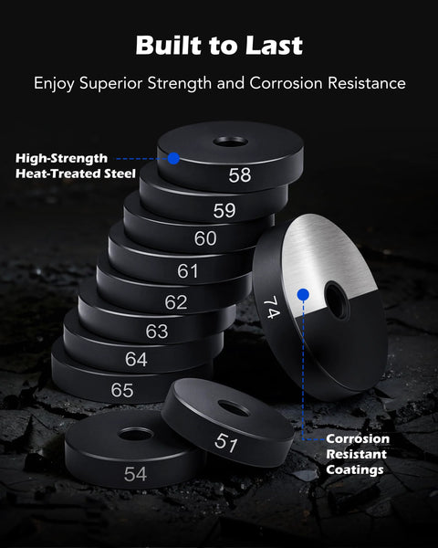 Stack of discs from 52-In-1 Universal Bushing Driver Kit with corrosion-resistant coatings and heat-treated steel material.