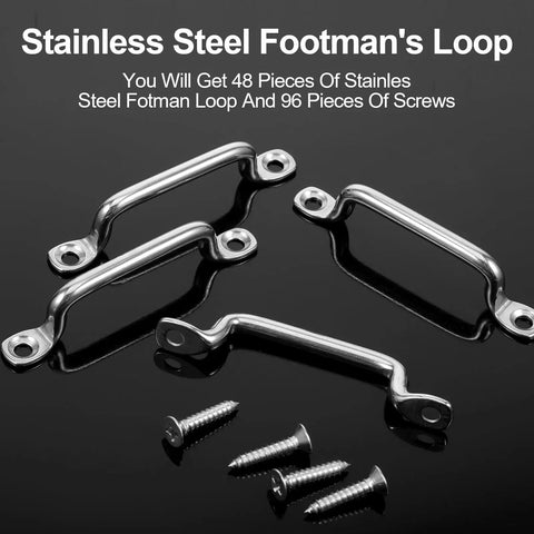 Beefy 48 Pcs Stainless Steel Footmans Loops With Screws Kit, 3 Inch Total Length, Heavy Duty Fasteners With 96 Flat Head Screws, Ideal For Outdoor Gear, Marine, DIY Projects, And Rope Attachments. Stainless steel footman loops and screws