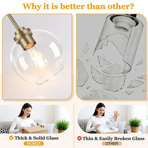 MQMQA 2 Pack Globe Pendant Lights showcasing thick glass shade and brass fixture, contrasted with fragile glass examples.