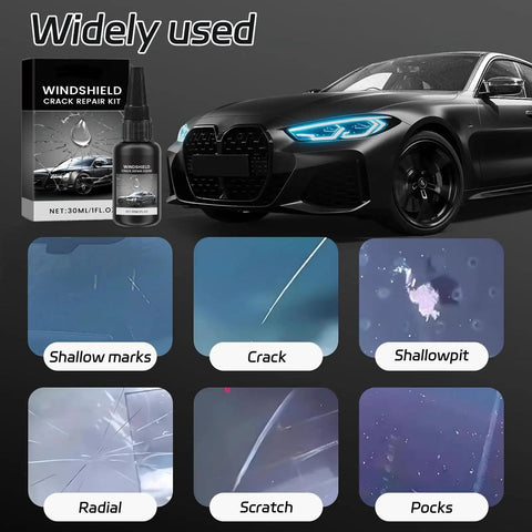 Windshield Chip Repair Kit For Quick Fixes 2026 Glass Repair Liquid Lets You Patch Cracks Fast shown with car and crack types.