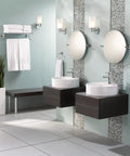 Modern bathroom with 22 Inch By 22 Inch Frameless Pivoting Tilting Chrome Bathroom Mirror Nail Your Best Angle Every Time With Super Reflective Finish And No Sweat Easy Install For Any Decor, dual sinks, and tiled walls.