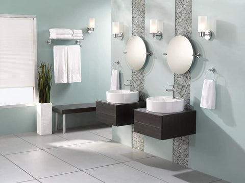 Modern bathroom with 22 Inch By 22 Inch Frameless Pivoting Tilting Chrome Bathroom Mirror Nail Your Best Angle Every Time With Super Reflective Finish And No Sweat Easy Install For Any Decor, dual sinks, and tiled walls.