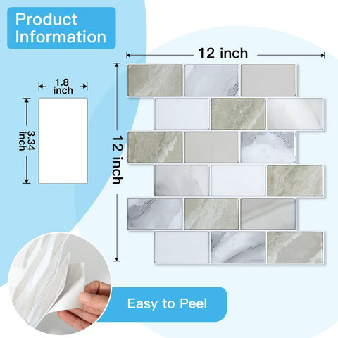 Thickened Marble Kitchen Backsplash Peel And Stick Tiles 12x12 Inch, 10 Tiles, showing tile size and easy peel feature
