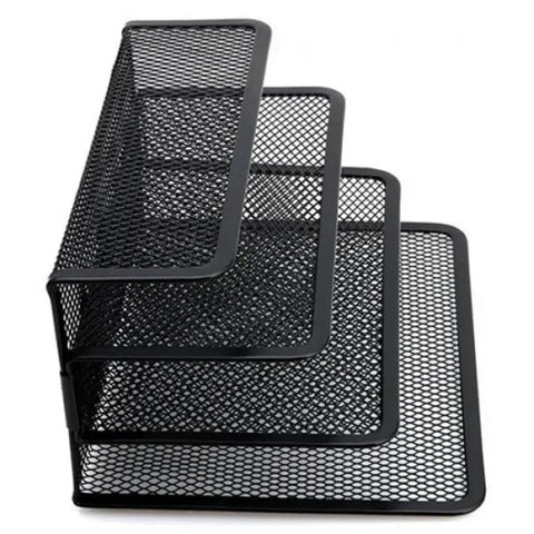 Durable Home Office Mail Sorter And File Organizer Tray Set, black metal, three compartments, side view, desk holder for organization.