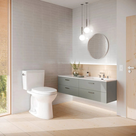 Top Shelf Two Piece Elongated Toilet Featuring Universal Height And 1.6 GPF Tornado Flush System For Hassle Free Grime Control And Reliable Everyday Bathroom Comfort In Crisp White