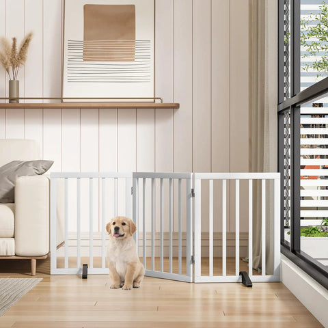 Freestanding Wooden Dog Gate With 3 Panels, 24 Inch Tall, Foldable White Pet Gate For Doorways And Stairs, Includes 2 Support Feet
