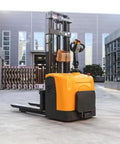 Heavy Duty Electric Walkie Stacker Pallet Jack Built Like A Beast For Smooth Warehouse Lifting And Quick Cargo Haulin Up To 1500kg view from the side with a palette lifted.