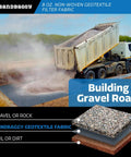 Dump truck pouring gravel onto Sandbaggy Non Woven 8 Oz Geotextile Landscape Fabric for road construction project.