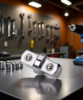 Three Eighths Inch Socket Adapter Set For Power Drill And Impact Wrench With Extension Rod Accessory on workbench in workshop