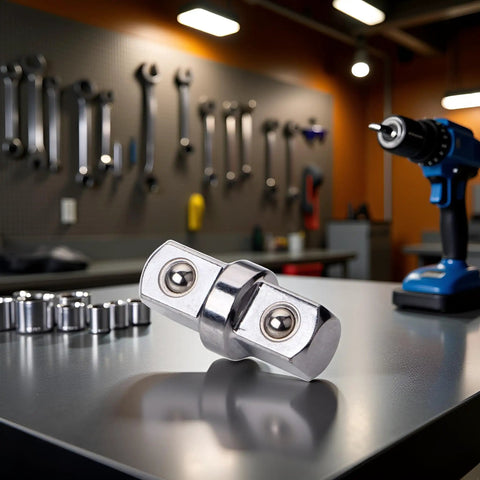 Three Eighths Inch Socket Adapter Set For Power Drill And Impact Wrench With Extension Rod Accessory on workbench in workshop