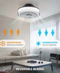 Bladeless Ceiling Fan With Light And Remote 16 Inch Low Profile Flush Mount in a living room showing winter and summer modes.