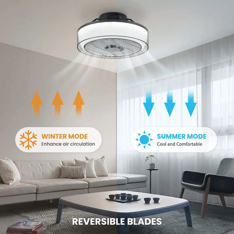 Bladeless Ceiling Fan With Light And Remote 16 Inch Low Profile Flush Mount in a living room showing winter and summer modes.