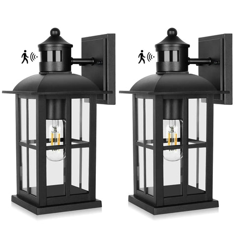 13 Inch Motion Sensor Outdoor Wall Light With Dusk To Dawn, Anti Rust 100 Percent Aluminum Black Exterior Lantern Sconce, Pair