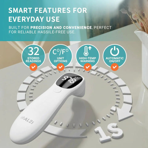 Dual Mode Infrared Thermometer No Contact Forehead And Ear For Adults Kids And Babies With Fever Alarm 1 Second Reading 32 Memory Recall Easy Switch Anytime, white handheld device