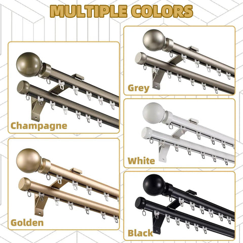Heavy Duty Dual Curtain Rod System With Wall Mount Track And Aluminum Alloy Brackets, Decorative Round Finials, Silent Operation, Ideal For Bedroom Living Room And Hotel Windows, Golden Finish, 1.8m Length, multiple colors shown