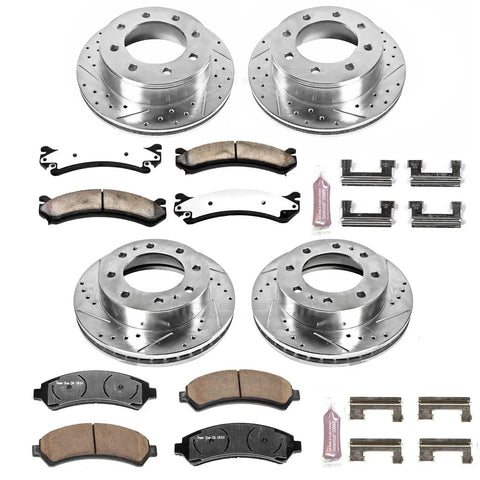 Front And Rear Brake Kit With Drilled And Slotted Rotors And Carbon Fiber Ceramic Pads For GMC Sierra 2500 HD And Chevy Silverado 2500 HD From 2001 To 2010, Complete Z36 Performance Upgrade For Towing And Daily Driving, showing full set components