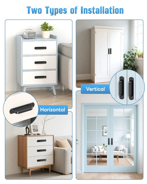 Example installations of 5.7 Inch Sliding Barn Door Handle Aluminum Alloy Cabinet Pull on drawers and doors, black, ergonomic grip.