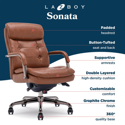 Tufted Executive Office Chair With Double Layer Cushion, Padded Armrests, Ergonomic Back Support, Bonded Leather Finish In Cognac