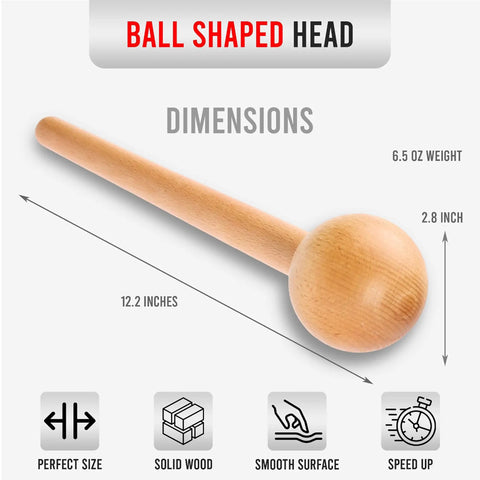 Glove Break In Kit With Mallet And Wrap Bundle 3 Piece Set Black, featuring dimensions of the solid wood mallet with ball head.