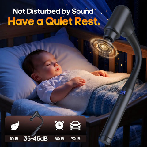 Deep Tissue Percussion Massage Gun With Heat And Extended Handle for quiet use near sleeping baby, black color.