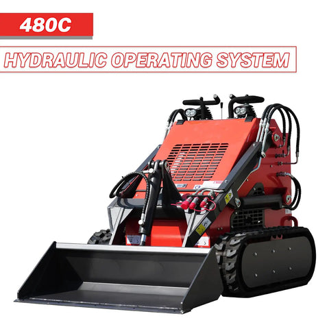 Compact Stand On Crawler Mini Skid Steer Loader With Trencher And 23 HP Gas Engine And Bucket Attachment, front view
