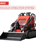 Compact Stand-On Skid Steer Loader With 23 HP Gas Engine, 800 Kg Lift Capacity, Bucket Attachment, front view, red color.