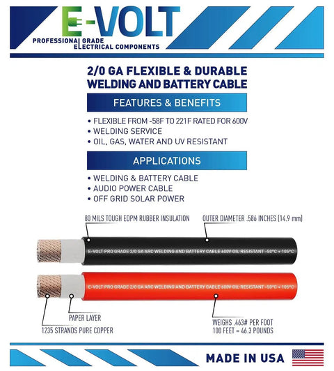 Heavy Duty 2/0 Awg Welding Cable And Car Battery Lead With Tough Epdm Sheath Built Stateside For Rough Job Sites Rock Solid Copper Core Goes Far On This Ten Foot Spool with features highlighted.