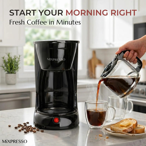 12 Cup Drip Coffee Maker With Auto Off And Reusable Filter, Borosilicate Glass Carafe in kitchen with coffee being poured