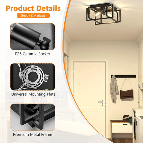 Super Sleek Modern Industrial Black Metal Rectangle Two Light Flush Mount Ceiling Light Fixture Perfect For Your Kitchen Hallway Or Entryway Gives Your Home That Awesome Contemporary Vibe installed in a hallway.