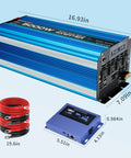 5000W Pure Sine Wave Inverter 12V DC To 110V 120V AC Converter with LCD, remote, and cables shown with dimensions