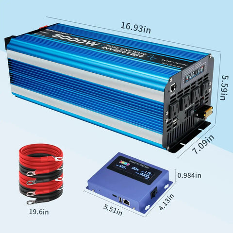 5000W Pure Sine Wave Inverter 12V DC To 110V 120V AC Converter with LCD, remote, and cables shown with dimensions