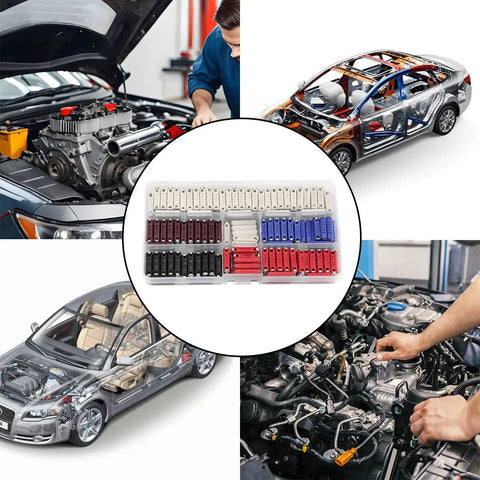 200 Piece Automotive Torpedo Fuse Kit With 5A Through 40A Amp Assortment displayed with car engines and repair scenes.