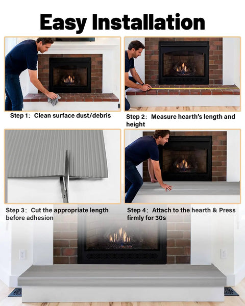 High Density NBR Foam Fireplace Hearth Pad For Straight Up Baby Proofing And Toddler Safety With Strong Adhesive Backing in use for installation steps.