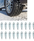Heavy Duty Winter Tire Spikes With Solid Tungsten Steel Tips And Rugged Aluminum Construction M8 Thread 100 Piece Set in snow.