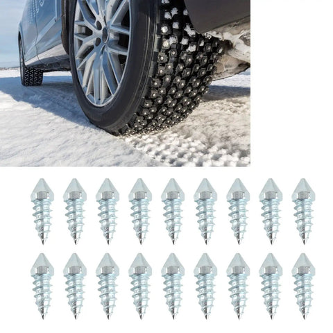Heavy Duty Winter Tire Spikes With Solid Tungsten Steel Tips And Rugged Aluminum Construction M8 Thread 100 Piece Set in snow.