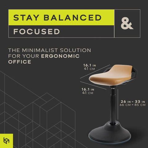 Standing Desk Chair For Tall Desks With Back Support And Handles To Improve Posture And Balance Boss Level Ergonomic Home Office Stool For Work From Home Light Gray, shown in minimalist style with dimensions.