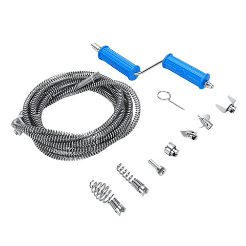 Heavy Duty Pipe Cleaning Spiral With Six Precision Cutting Heads And Three Meter Cable To Kick Out Stubborn Kitchen Sink And Bath Clogs No Sweat Using Solid Alloy Steel Construction, including spiral and tools.