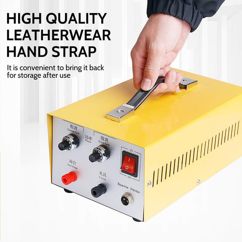 Person holding a yellow 30A Handheld Jewelry Spot Welder For Gold Silver Platinum And Steel Pro Grade Pulse Arc Welder Machine