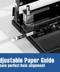 Close-up of heavy duty 2 or 3 hole punch with adjustable paper guide, ensuring perfect hole alignment for A4 and US letter binders.