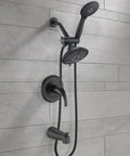 Black Shower Faucet Set With Tub Spout And Handheld Showerhead Built For High Pressure With 35 Settings shown on tiled wall