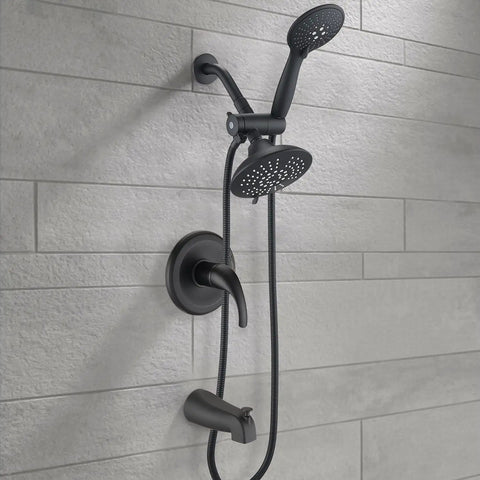 Black Shower Faucet Set With Tub Spout And Handheld Showerhead Built For High Pressure With 35 Settings shown on tiled wall