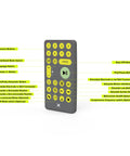 Front view of AED trainer with remote control, gray plastic body and yellow numbered buttons