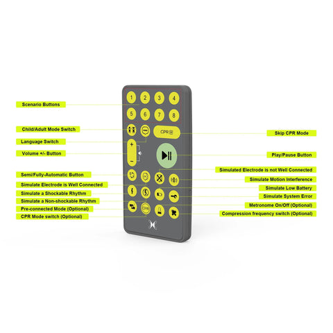 Front view of AED trainer with remote control, gray plastic body and yellow numbered buttons