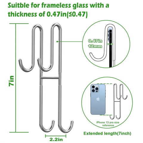 Extended Double Shower Door Hooks 2 Pack No Drill No Mess Heavy Duty Stainless Steel Towel Hangers For Frameless Glass Bathrooms Drilling Free No Adhesive Perforation 7 Inch Long Easy Install And Extra Towel Storage