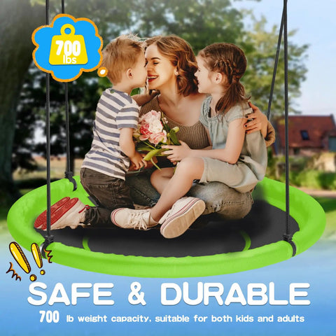 Family enjoying Large 48 Inch Saucer Tree Swing For Kids And Adults, Family Friendly Flying Swing With 700 Lbs Weight Capacity, Adjustable Hanging Straps, Ideal For Outdoor Backyard And Indoor Playground