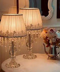 Modern Crystal Bedside Lamp Set Of 2 With Ruched Fabric Shade Dimmable Plug In Nightstand Lights For Living Room And Bedroom Ideal Girls Room Decor 12.8 By 22.8 Inches on a table
