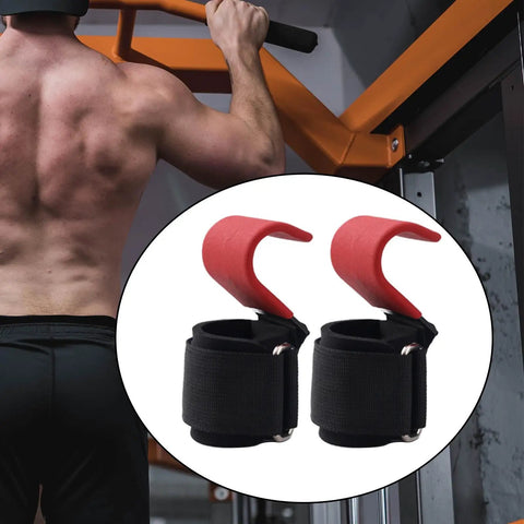 Two Pack Wrist Lifting Straps With Adjustable Wraps And Anti Slip Metal Hooks For Powerlifting Hand Grips, red, shown with pull-up bar