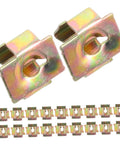 50Pcs Gold Iron Captive Nut U-Clip Fasteners for Car Bumper Grill and License Plate Mounting Heavy Duty Replacement Retainers close-up.