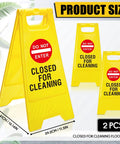 Two Pack Double Sided Closed For Cleaning Floor Signs Bright Yellow Folding Warning Plaques showing size and design features.